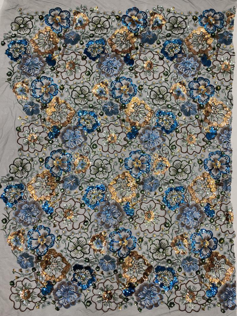 Tissu en dentelle à sequins brodée de fleurs, 124 cm de large