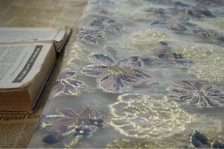 Blue & Gold Floral Organza Jacquard Fabric - 56" Wide