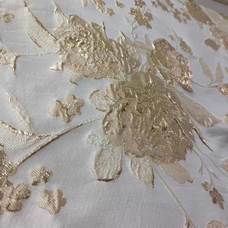 White Peony Jacquard Fabric: Embossed Gold Thread, 59" Wide