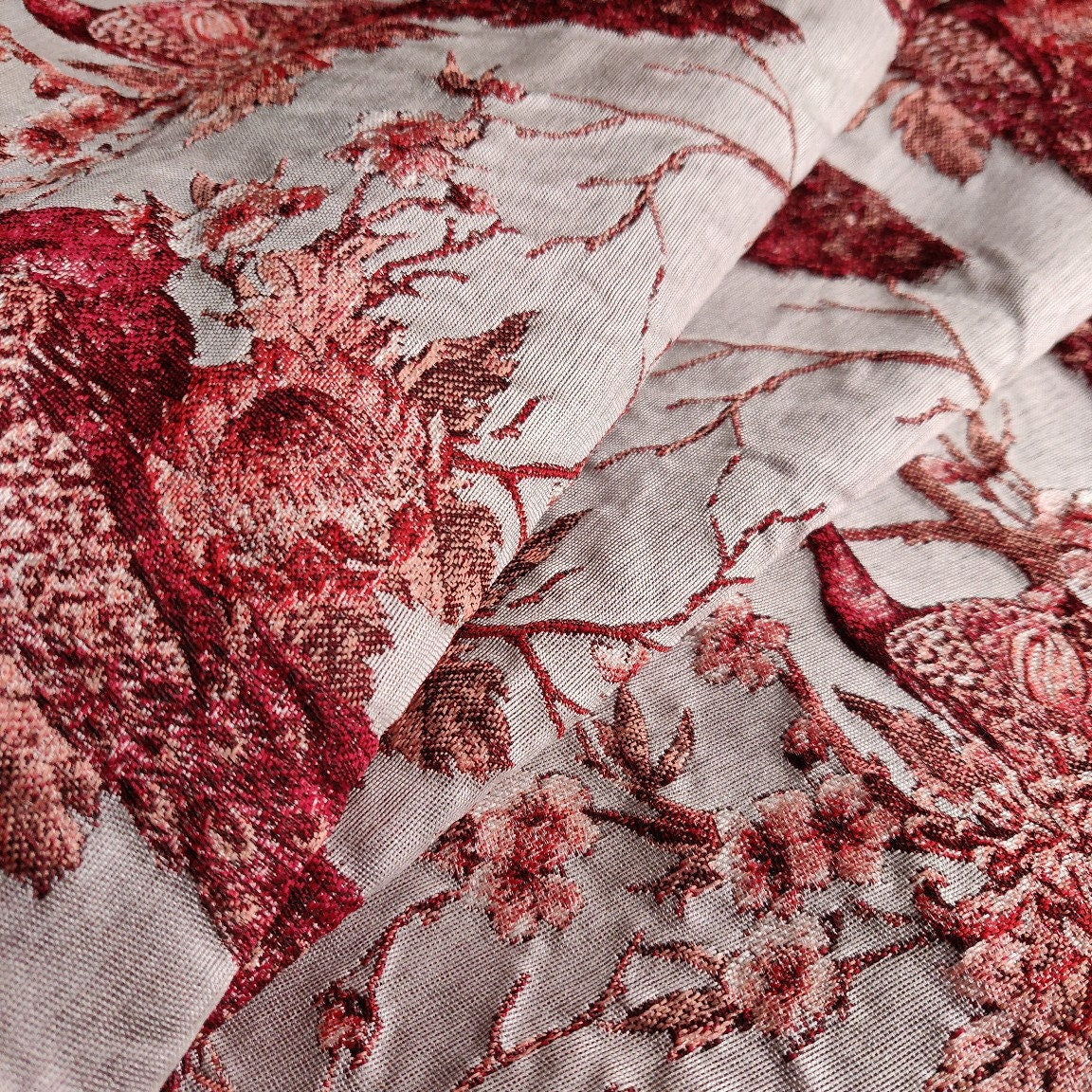Red Peacock Jacquard Fabric: Embossed Woven Upholstery, Costume, Decor - 56"W