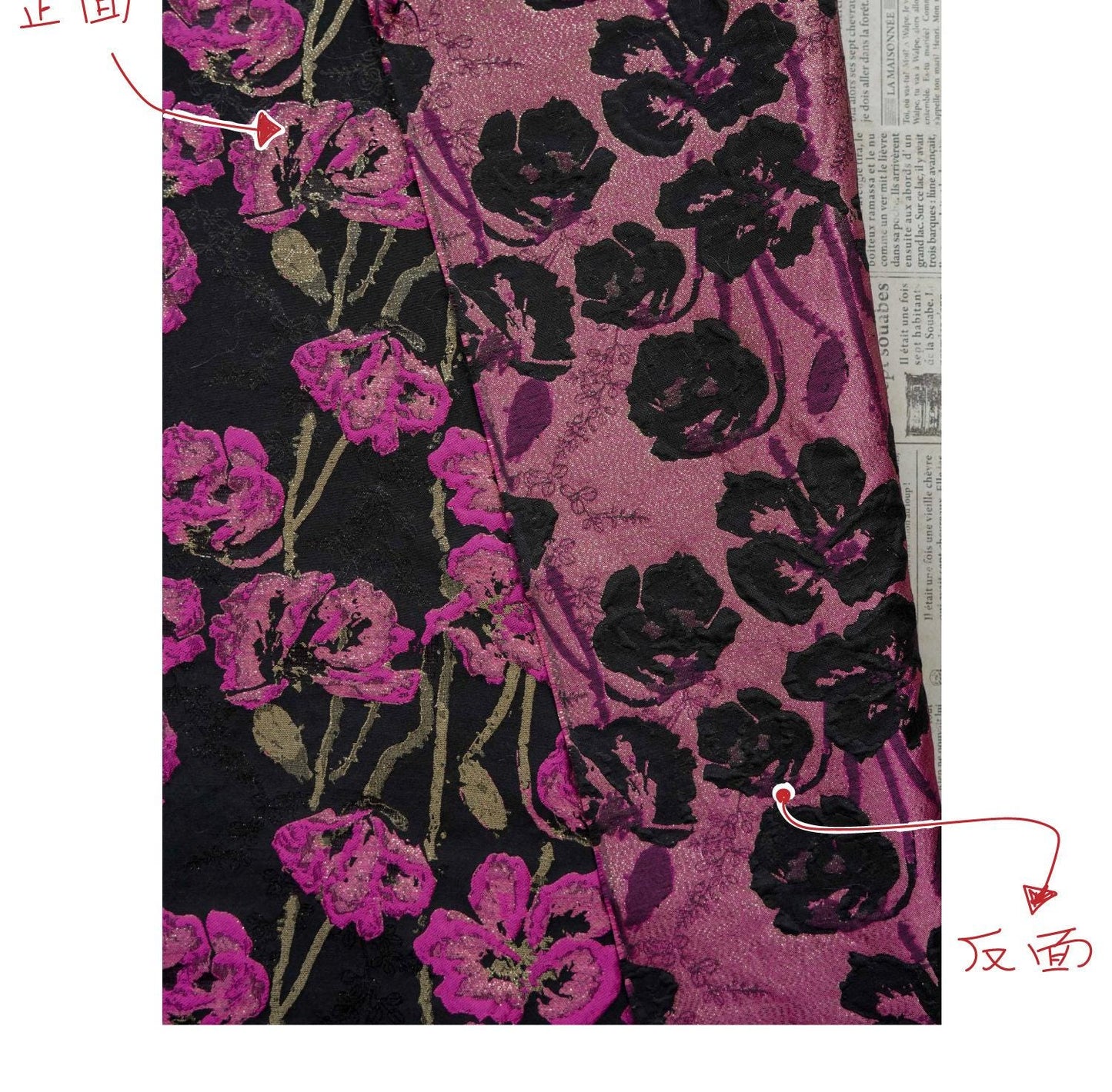 Black Jacquard Brocade Fabric | Pink Floral Gold Thread, 65"W