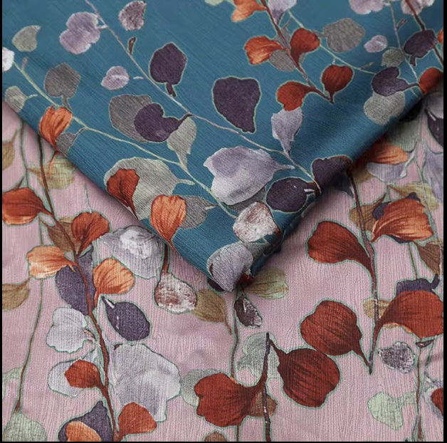 Leaf Print Satin Fabric: Teal Designer Sewing Material