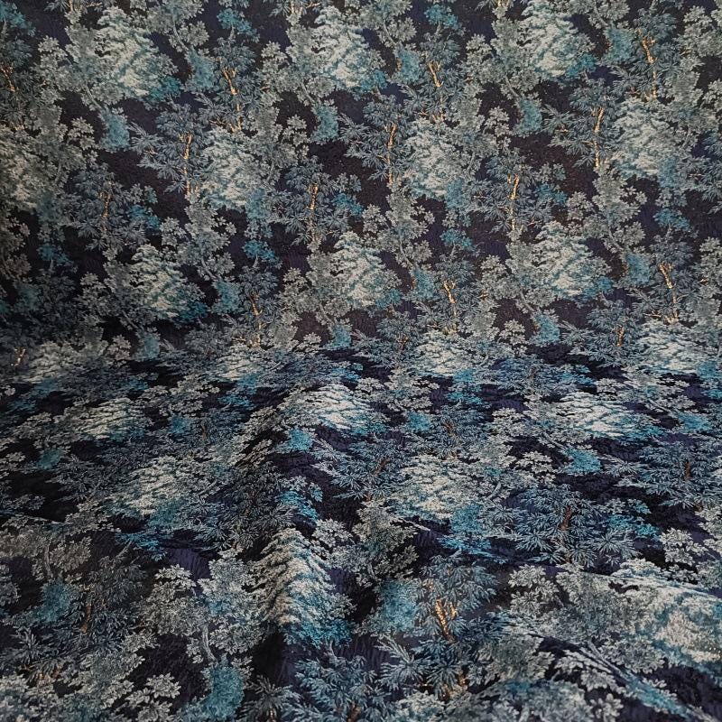 Ice Blue Jacquard Fabric With Gold Thread | Textured Embossed Material, 64" Wide