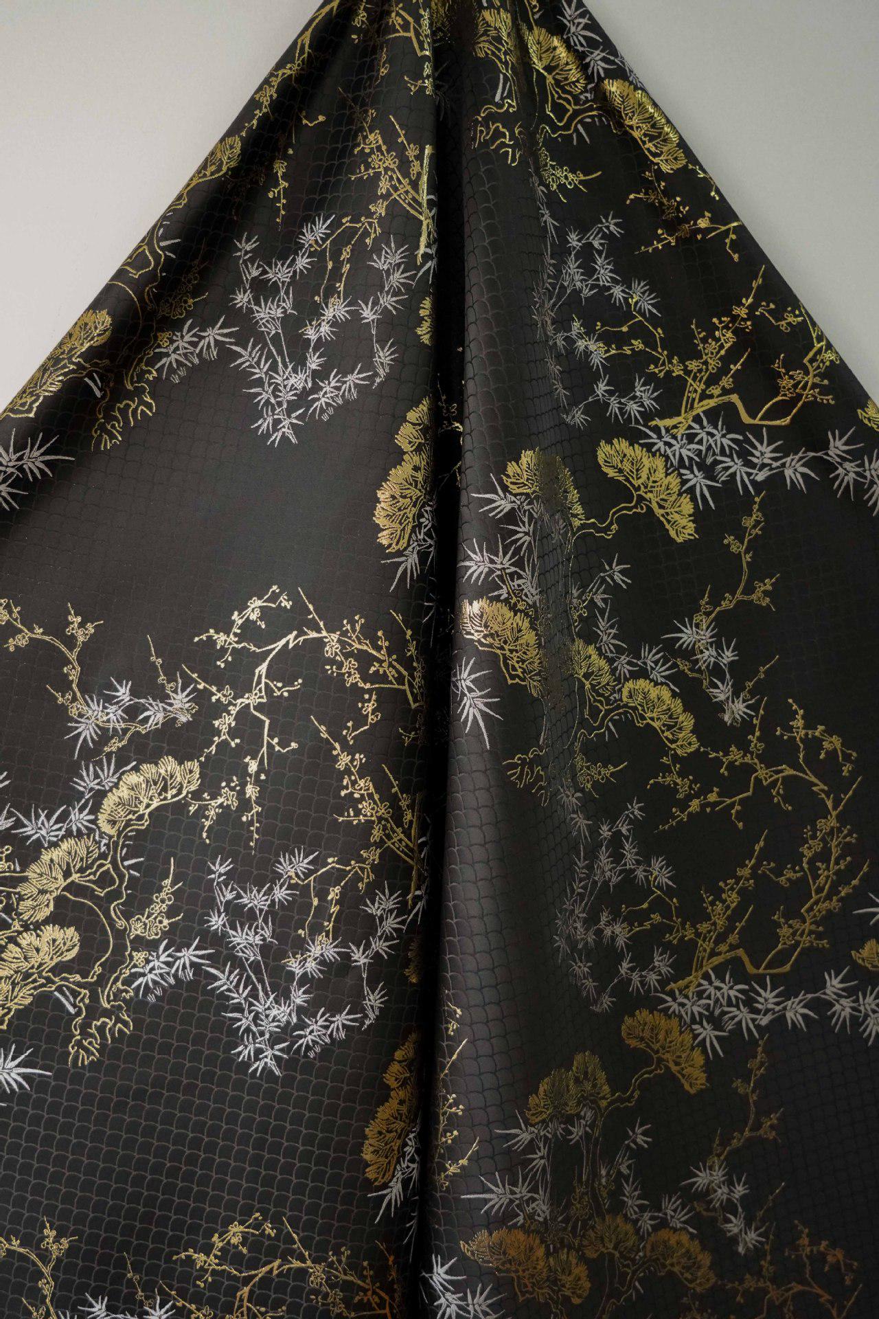 Japanese Kirin Nishijin Brocade Fabric: Black Upholstery, Costume, Decor (65" Wide)