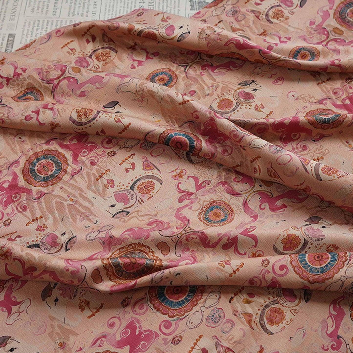 Lucky Elephant Tea Silk Satin Fabric: 59"W Green Upholstery