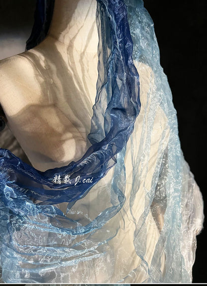 Blue Gradient Organza Fabric: Irregular Pleats, 55" Wide