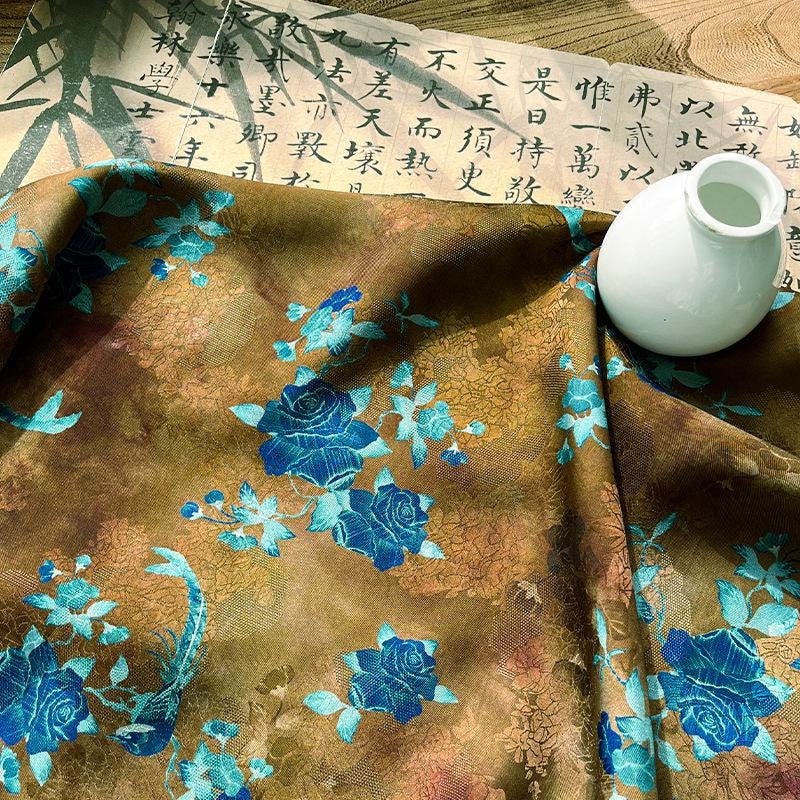 Floral Brocade Fabric ��� Blue Gold Rayon Silk Ble" Wide