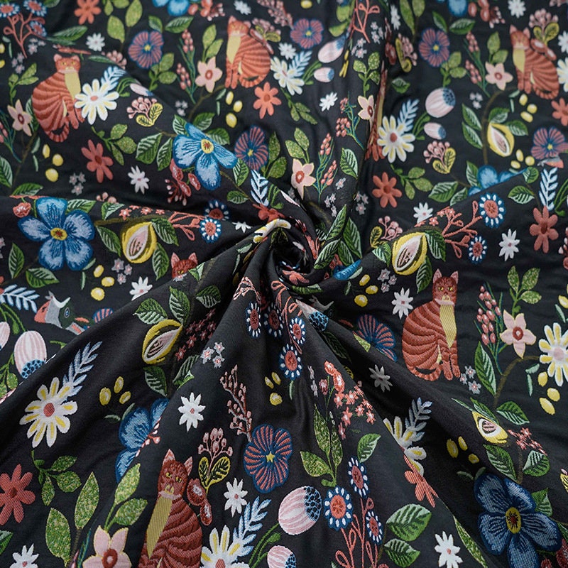 Black Cat Jacquard Fabric: Floral Upholstery, Costume, Decor (58"W)