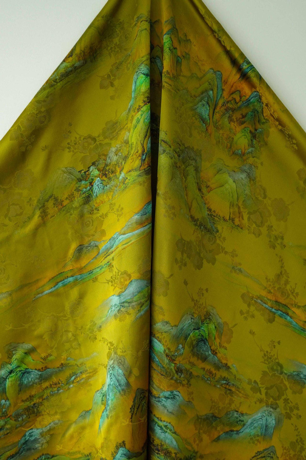 Ancient Landscape Painting Rayon Fabric: Upholstery, Costume, Scarf (55"W)
