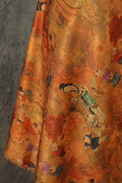 Ancient Family Tea Silk Satin Fabric: Digital Print, 59"W