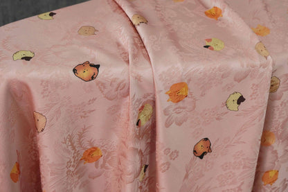 Cartoon Cat Silk Satin Fabric, Digital Print, 59"W