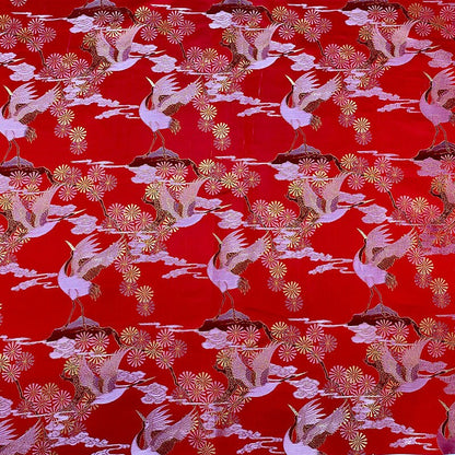 Tissu satin jacquard à motif de grues rouges : brocart antique pour cheongsam (au mètre)
