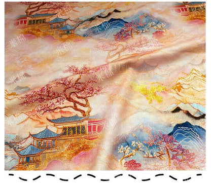 Oriental Landscape Cotton Fabric: Fairy Mountain Palace Print, Quilting Material (55"W)