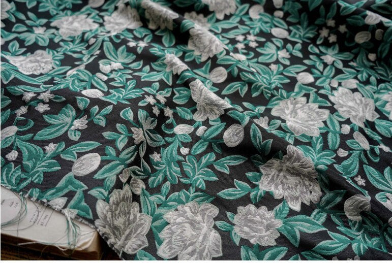 Green Floral Jacquard Fabric: 3D Embossed Cotton Polyester Blend, 59" Wide