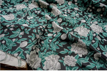 Green Floral Jacquard Fabric: 3D Embossed Cotton Polyester Blend, 59" Wide