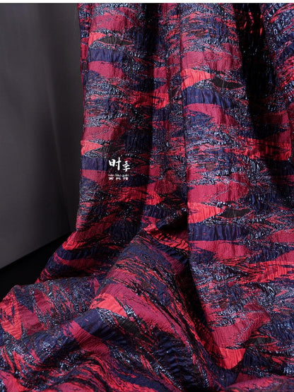 Gold Thread Jacquard Fabric: Red & Blue 3D Designer Fabric, 55"W