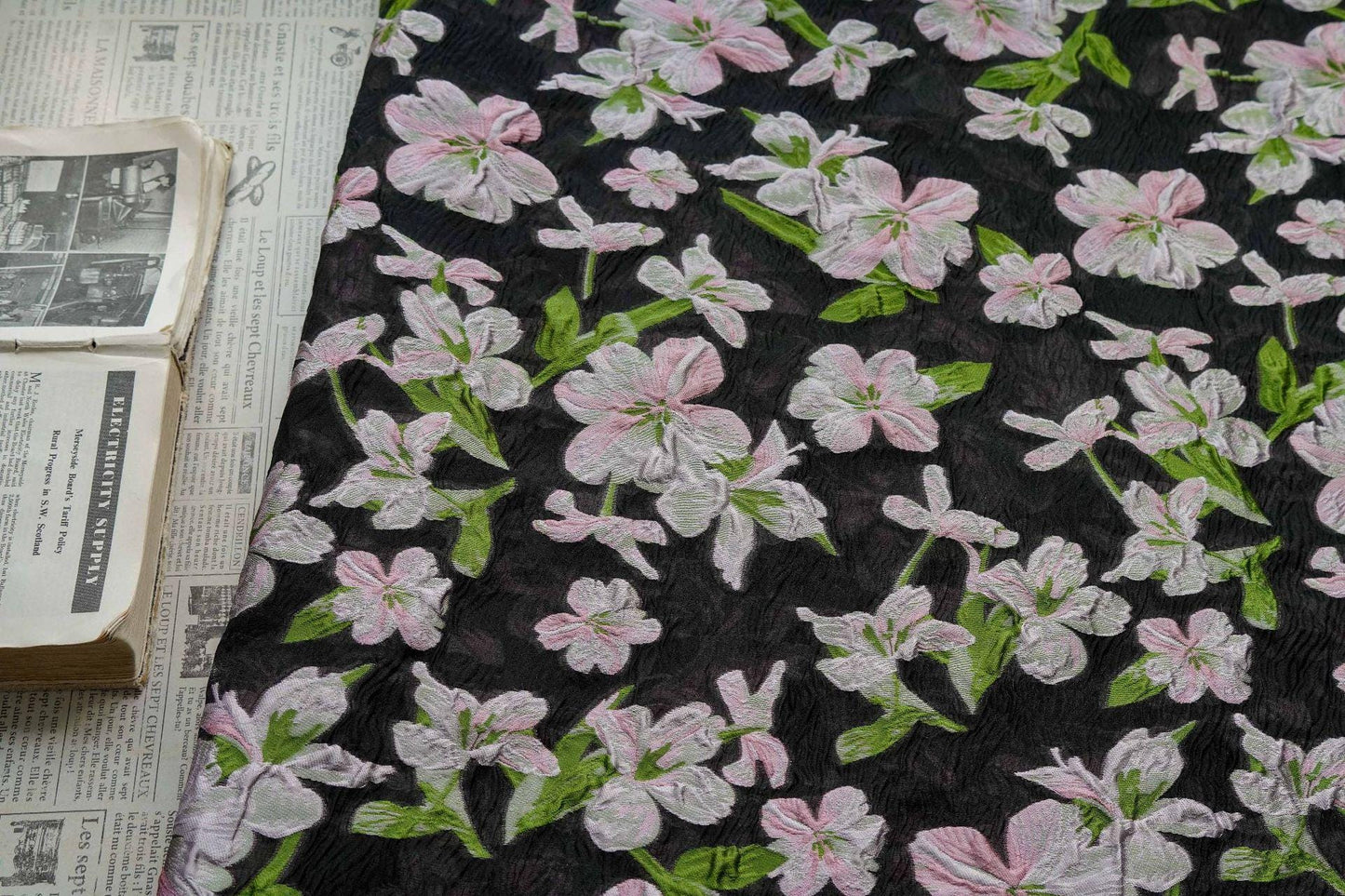 Black Embossed Floral Jacquard Fabric: Pink Flower Brocade, 55" Wide