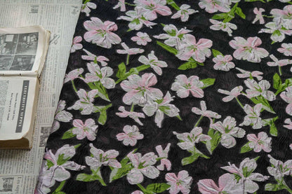 Black Embossed Floral Jacquard Fabric: Pink Flower Brocade, 55" Wide