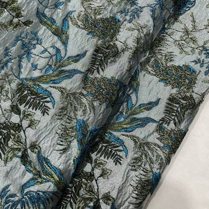 Tissu jacquard à motif de feuilles bleu paon : tissu d’ameublement et de costumes, 145 cm de large