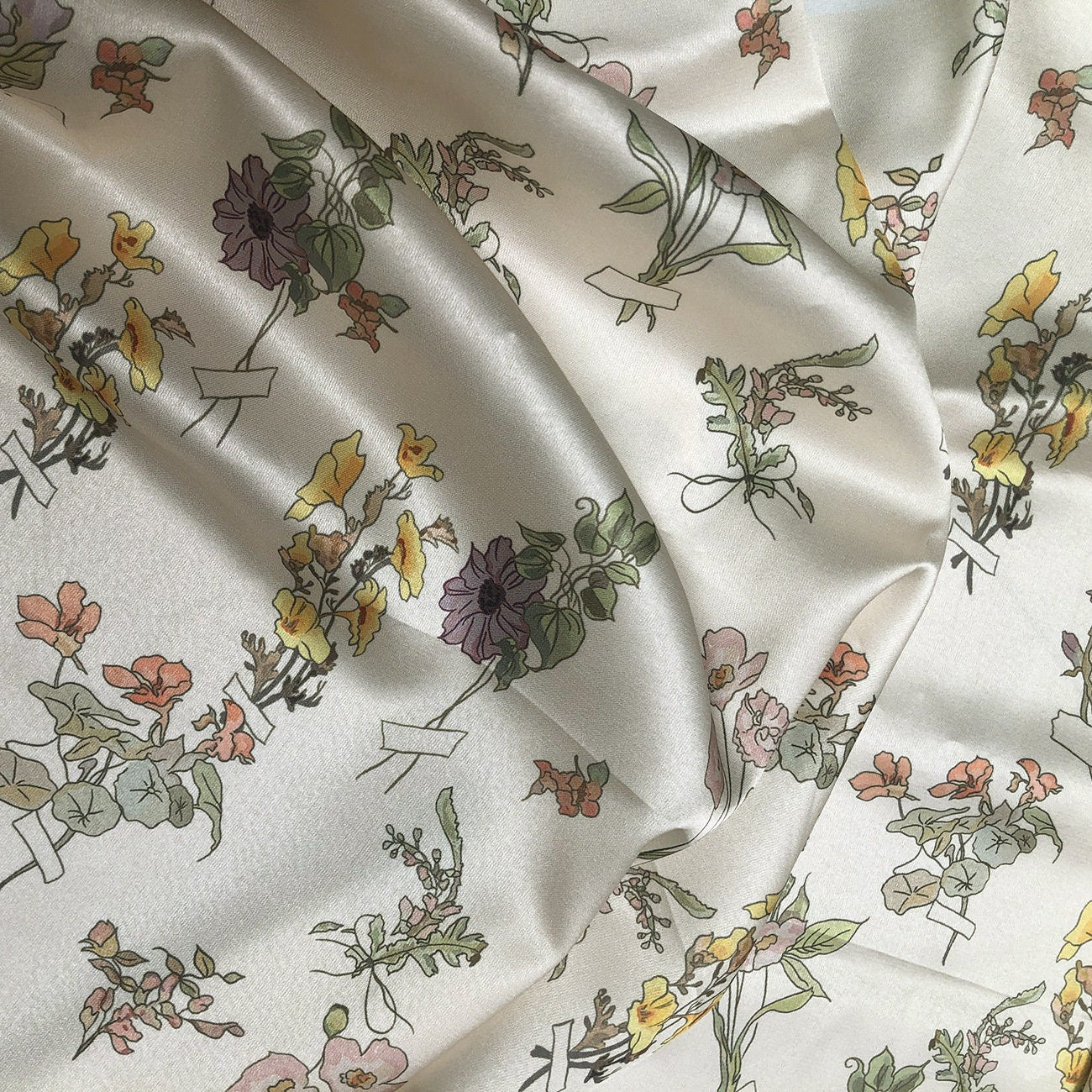 Floral Satin Fabric: Beige Soft Printed Polyester Spandex Blend, 59" Wide