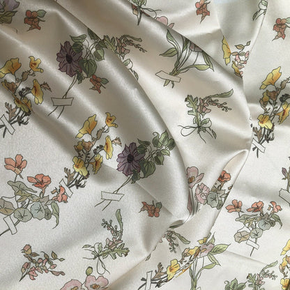Floral Satin Fabric: Beige Soft Printed Polyester Spandex Blend, 59" Wide