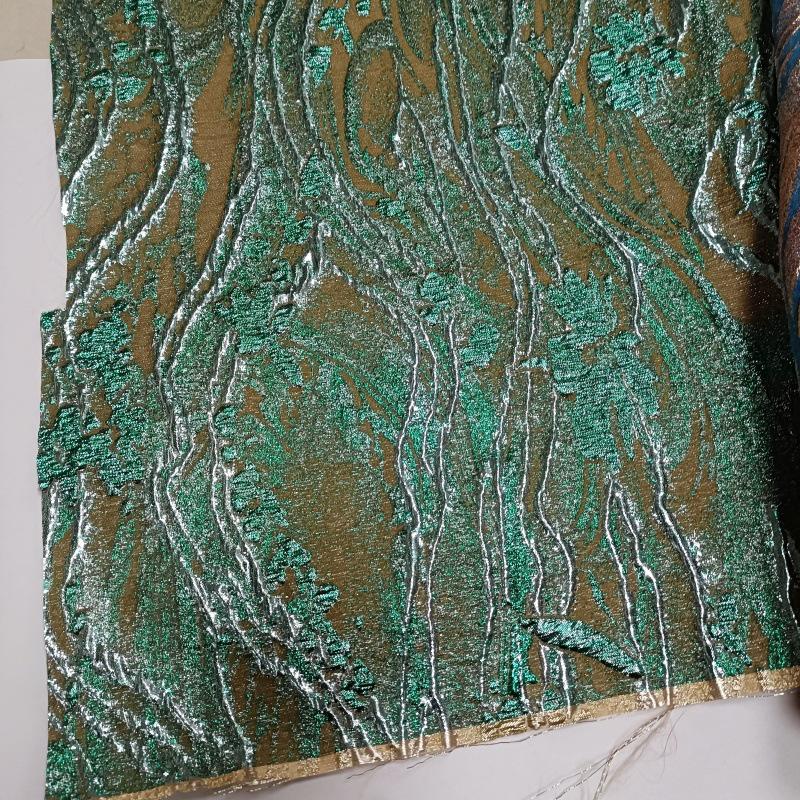 Green Jacquard Fabric with Gold Thread: Deer & Floral Design, 55" Wide