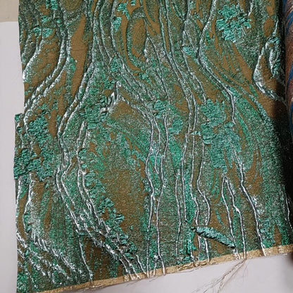 Green Jacquard Fabric with Gold Thread: Deer & Floral Design, 55" Wide
