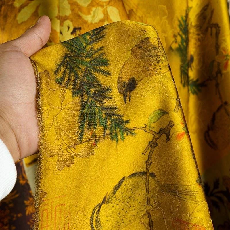 Ancient Dunhuang Tea Silk Satin Fabric: Floral Print, 59" Wide