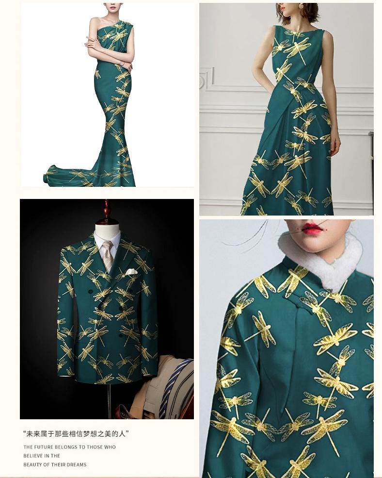 Gold Dragonfly Brocade Fabric: Elegant Cheongsam & Dress Textile