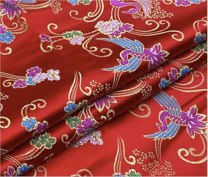Floral Bird Jacquard Brocade Fabric: Red Silk Blend, 59" Wide
