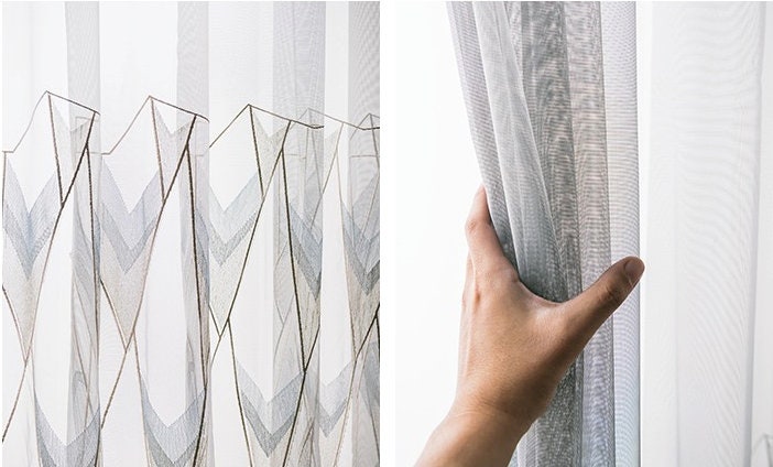 Tissu pour rideaux brodé géométrique : Voile moderne en polyester transparent