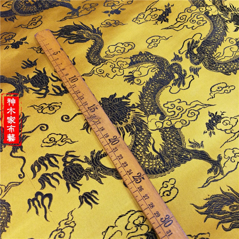 Tissu brocart Dragon d'or : 150 cm de large, satin jacquard chinois