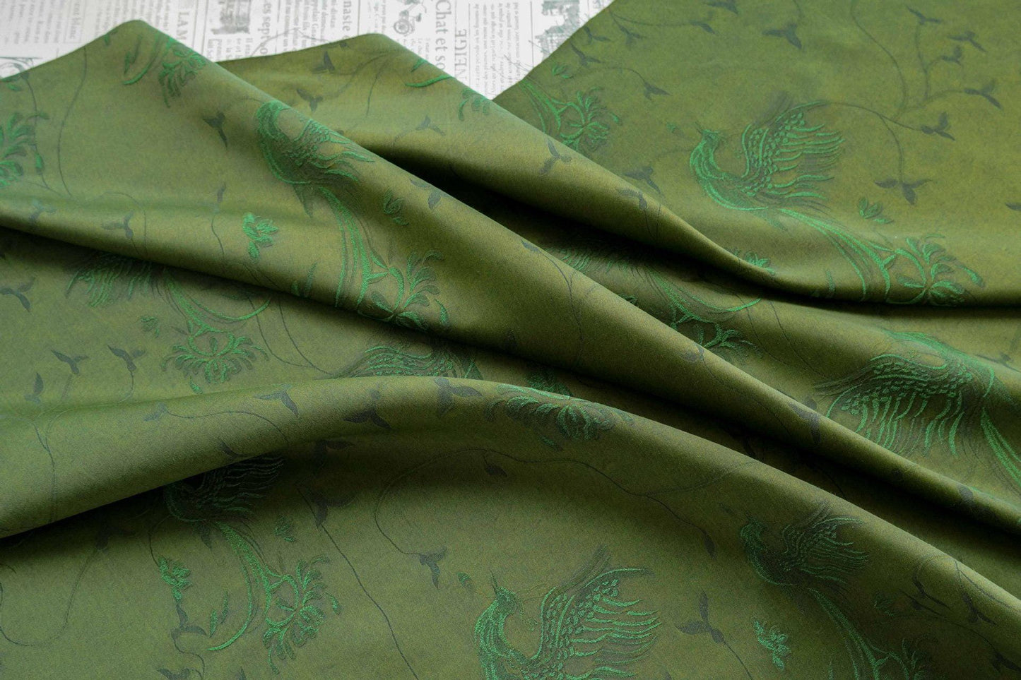 Dark Green Jacquard Fabric with Subtle Phoenix Pattern for Qipao Dressmaking, 54"Wide