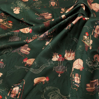 Ancient Ladies Tea Silk Satin Fabric: 59"W Digital Print Sewing Material