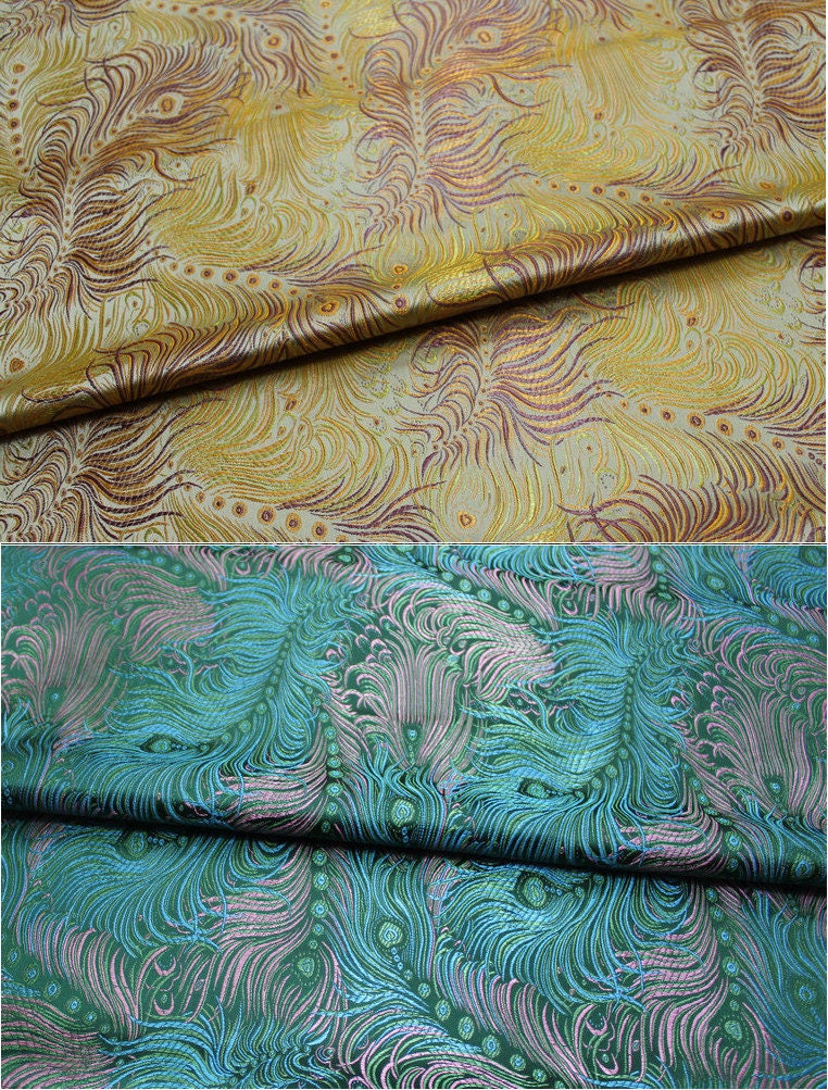 Peacock Feather Brocade Fabric: Floral Chinese Silk Rayon Blend