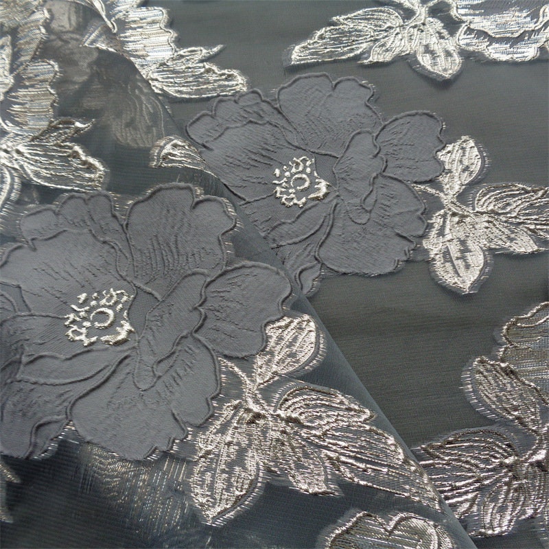Blue & Gold Floral Jacquard Organza Fabric - 56"W