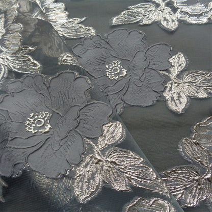Blue & Gold Floral Jacquard Organza Fabric - 56"W