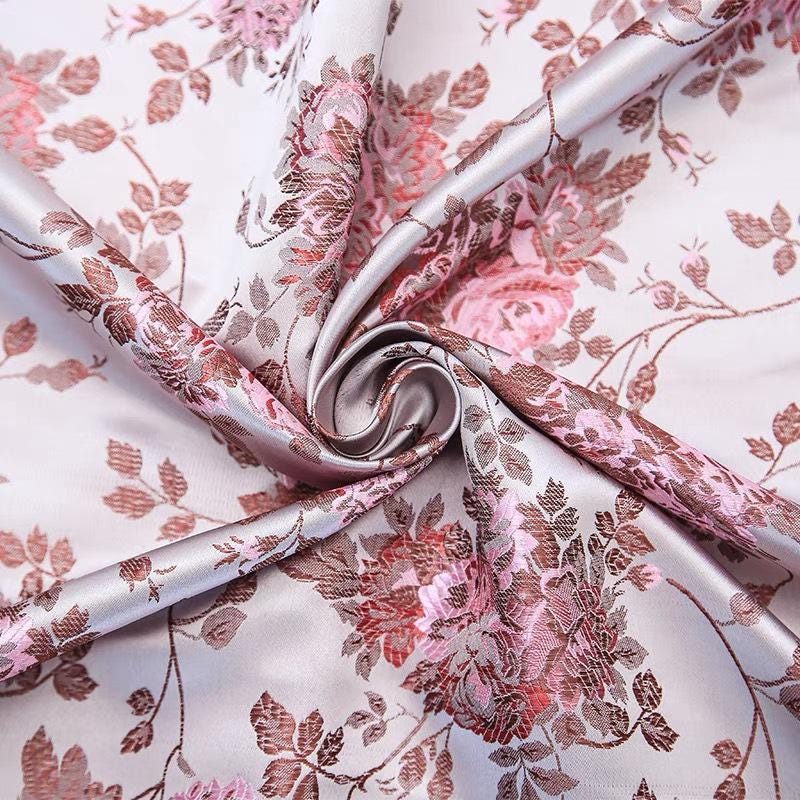 Silk Brocade Fabric: Rose Flower Jacquard, 45" Wide - By The Meter