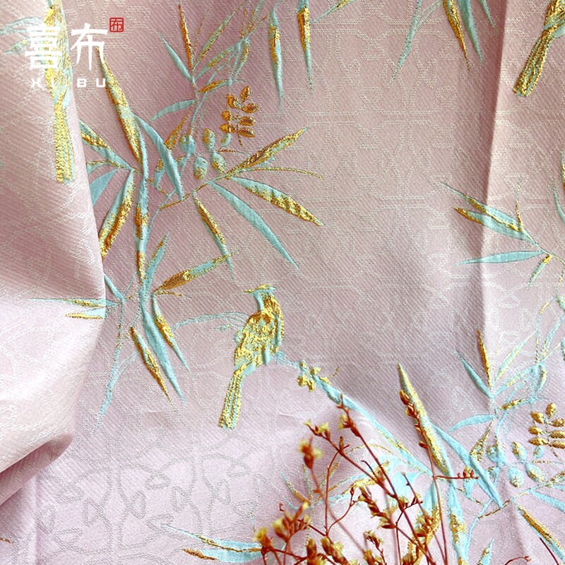 Bird & Bamboo Jacquard Fabric: 3D Relief Upholstery, 59" Wide