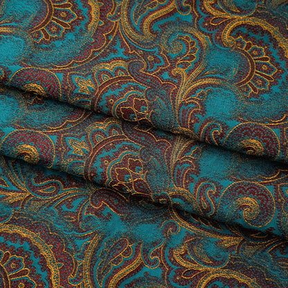 Lurex Jacquard Fabric: Lake Blue Paisley Woven Upholstery, Sewing, Drapery (62"W)