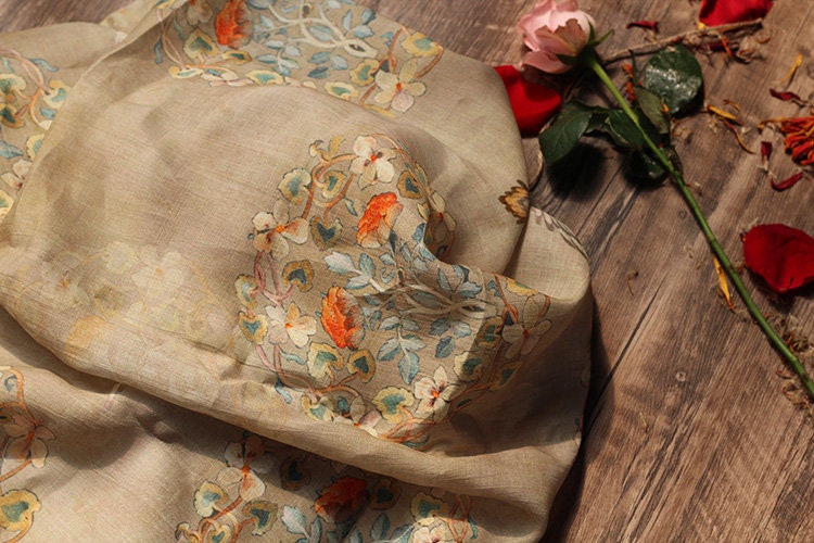 Floral Bird Ramie Fabric: 55" Wide, Soft Breathable Textile