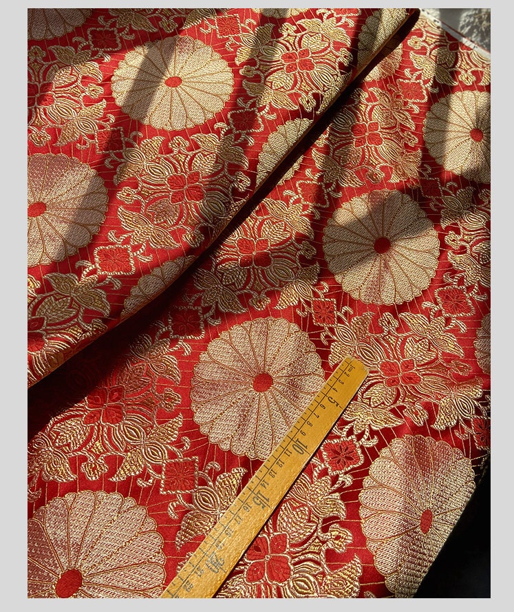 Lotus Brocade Fabric: 29.5"W Red & Gold Rayon Upholstery
