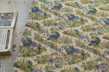 Pastoral Oil Painting Style Jacquard Fabric, Countryside Houses & Floral Weave, 56"Wide
