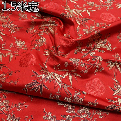 Red Cherry Blossom Brocade Fabric: Gold Bamboo Jacquard (By The Meter)