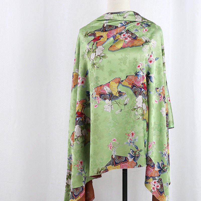 Damask Silk Fabric: Ancient Kite Pattern Print, 59" Wide
