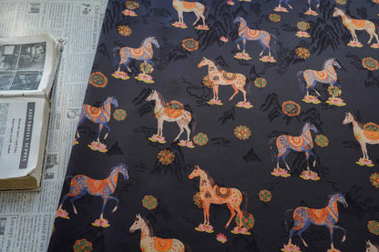 Horse Jacquard Tea Silk Fabric, Chinese Symbolic Textile, 59"W
