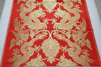 Tissu brocart de soie Double Dragon : Tissu Cheongsam rouge et or (29" de large)