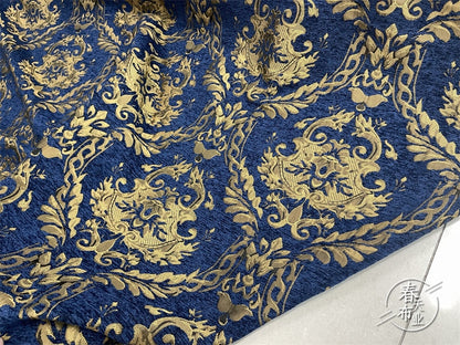 Tissu Jacquard Palais Bleu et Or : Damas de 55 po de large pour ameublement