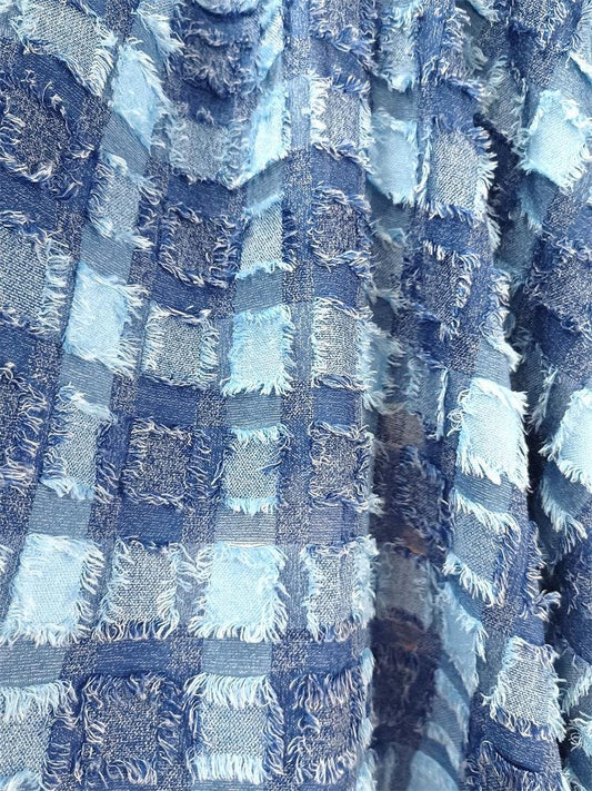 Blue Checkered Jacquard Fabric ��� Textured Fringe DIY Materi"