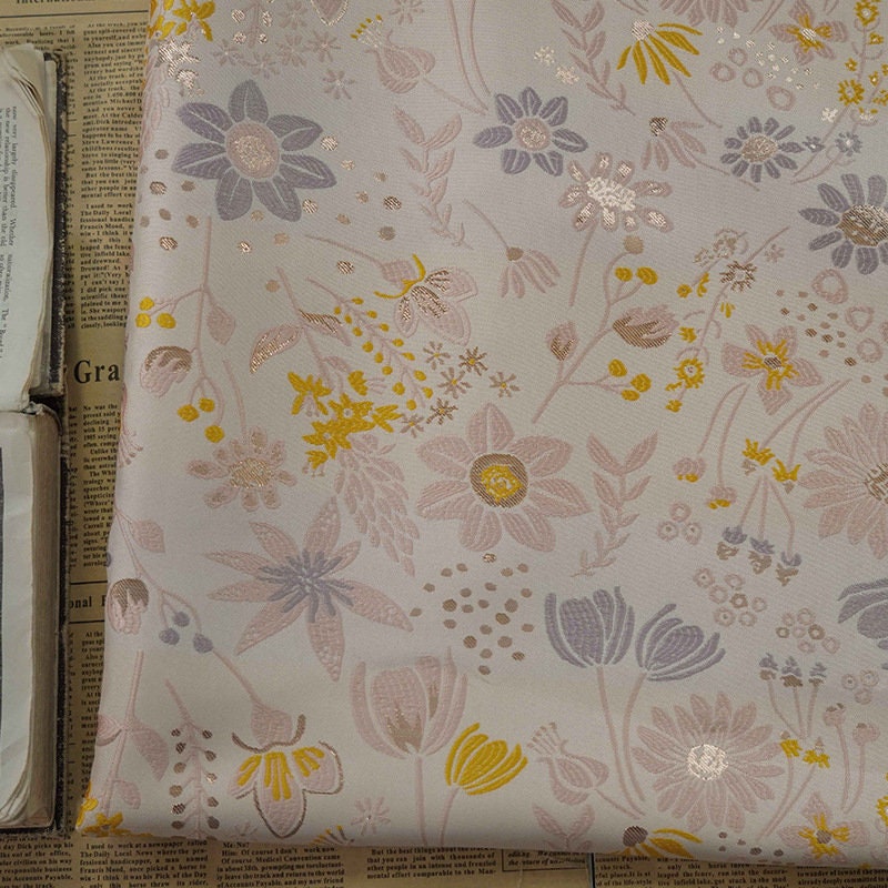Light Pink Floral Jacquard Fabric: Gold Shimmering Embossed Woven, 57"W